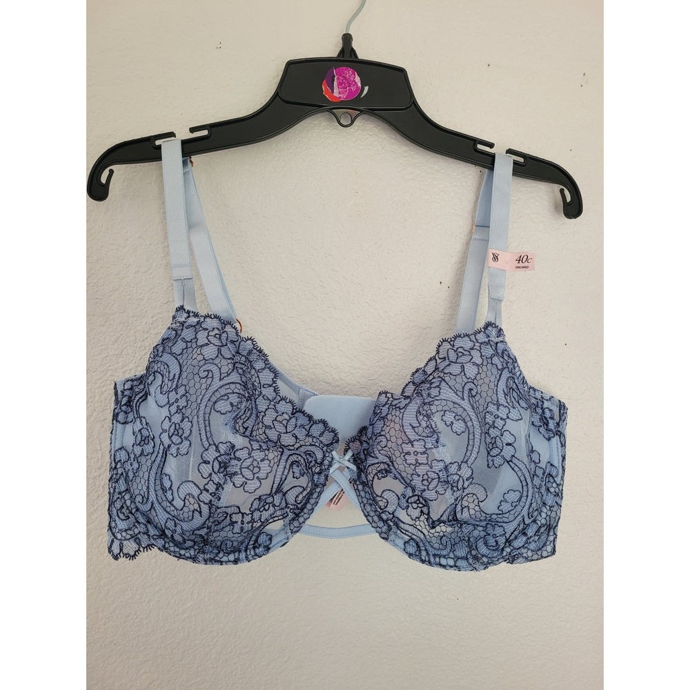Victoria's Secret Dream Angels Blue Floral Lace Unlined Underwire Bra 40C #12